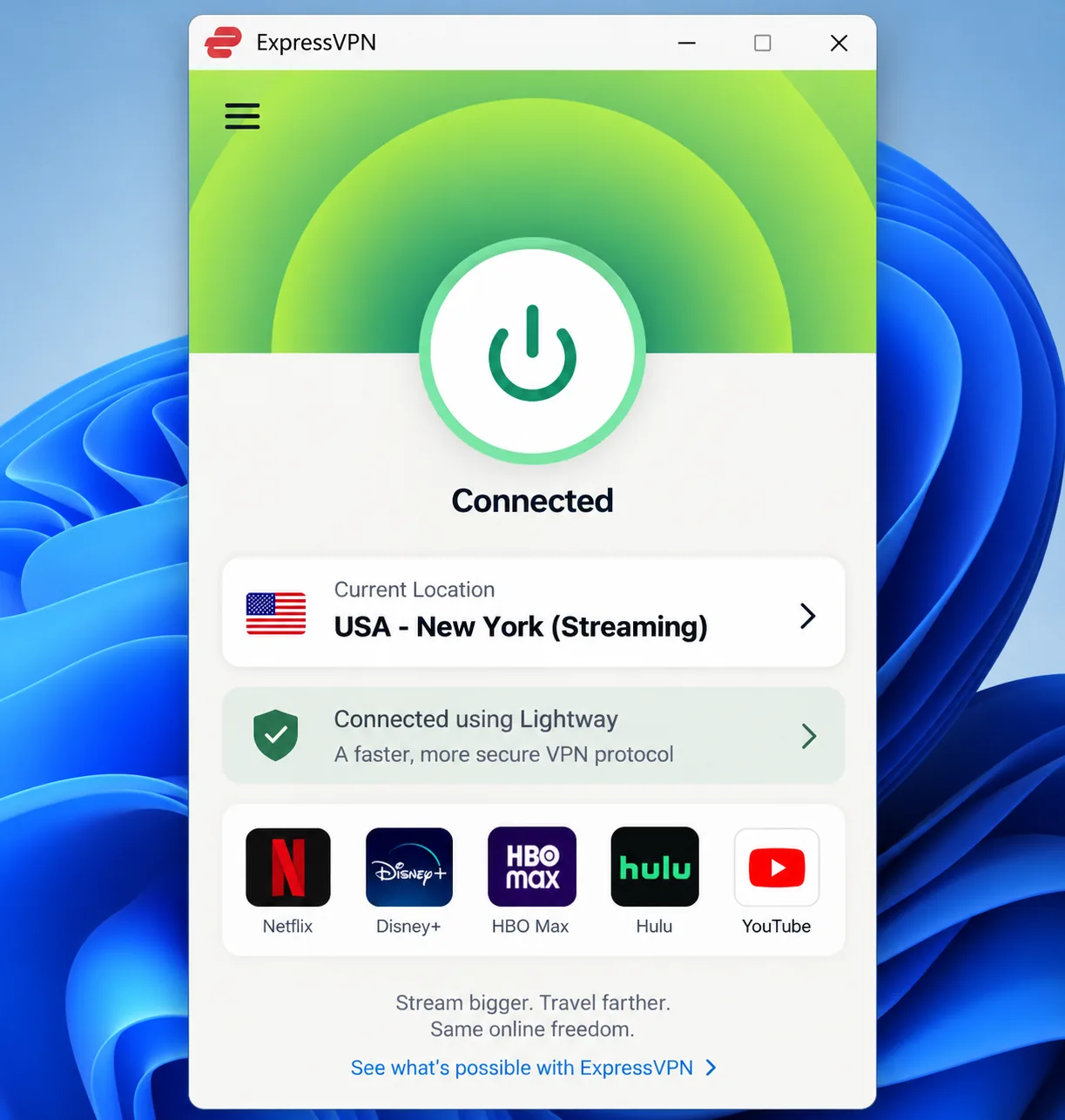 ExpressVPN's Windows app connected over the Lightway protocol to a US streaming location, with the large power button and the smart location panel visible.