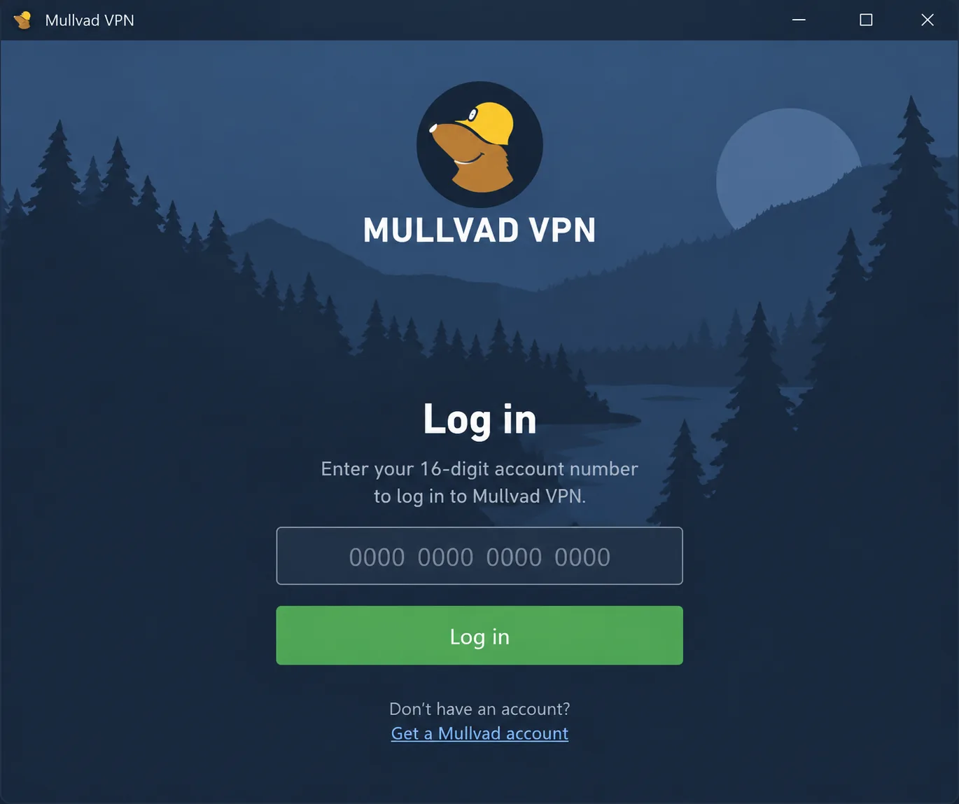 Mullvad VPN's login screen on Windows showing the 16-digit account number field as the only sign-in option, with no email or password fields.