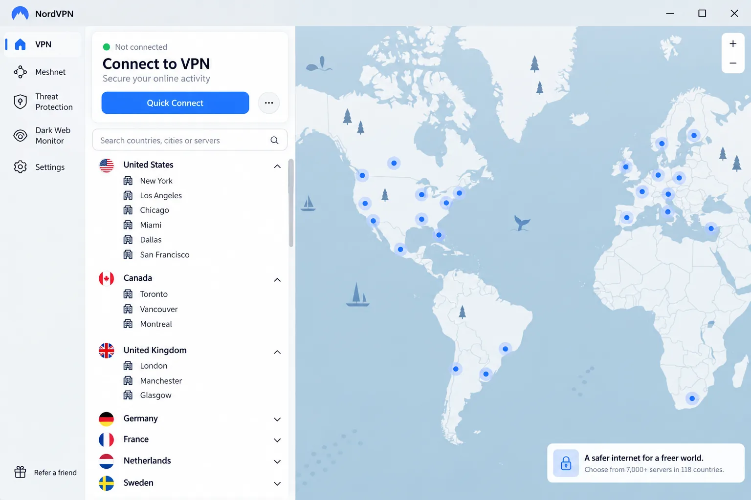 NordVPN's desktop app with the server list view open, showing city-level locations under each country and the quick-connect button at the top.