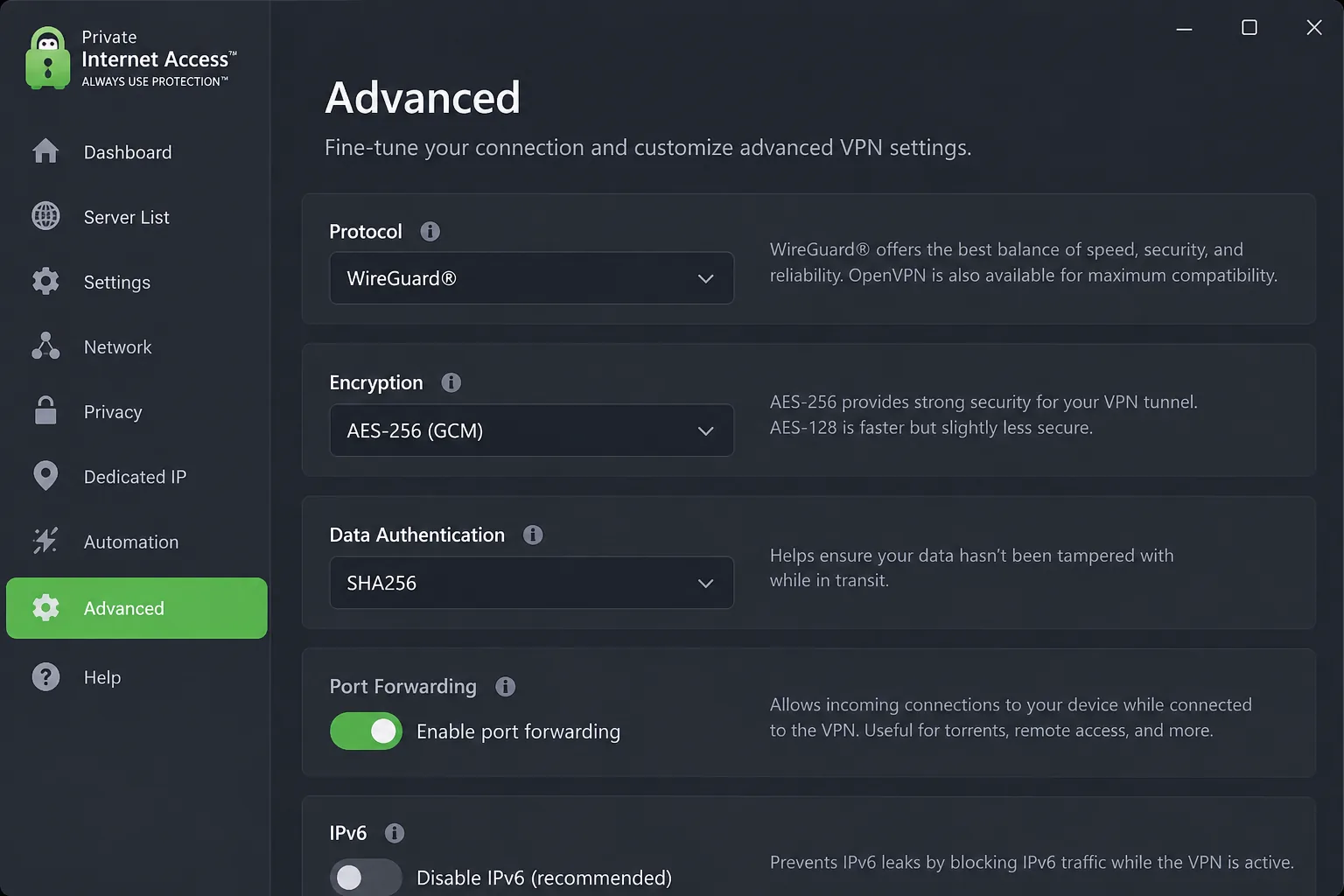 Private Internet Access's desktop app with the advanced settings panel open, showing the protocol choice, encryption options and the port forwarding toggle.