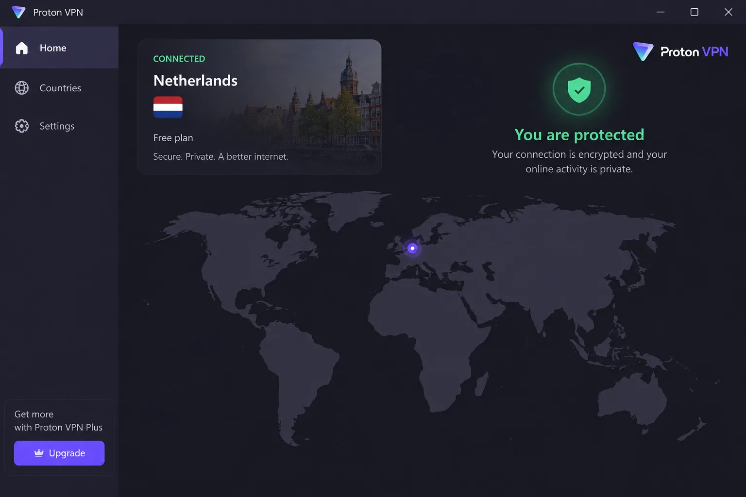 Proton VPN's desktop app connected on the free plan, with the automatically assigned server country, the protected status and no data-usage counter anywhere on screen.