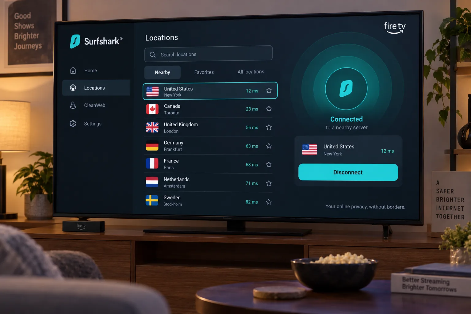 Surfshark's Fire TV app on a living-room television, connected to a nearby server with the location list and the disconnect button in focus.