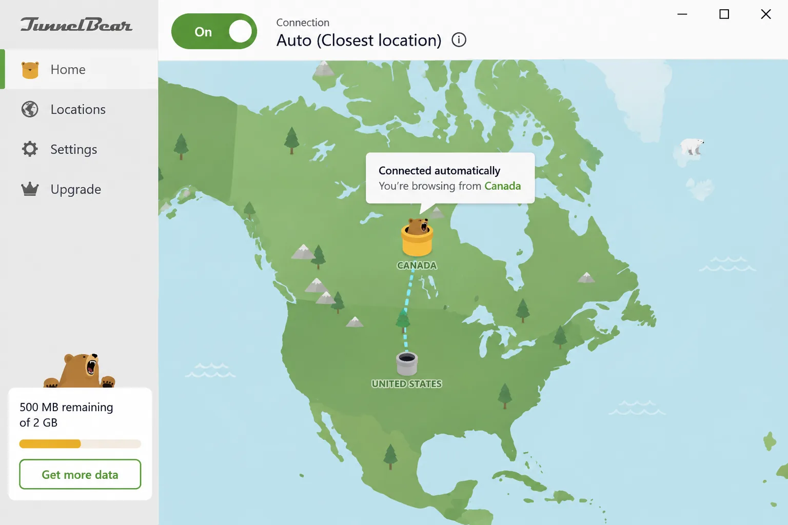 TunnelBear's Windows app on the free plan showing the remaining monthly data counter running low and the map view with the location chosen automatically.