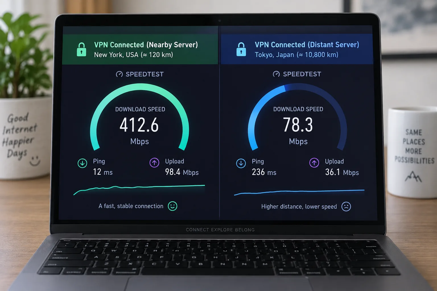 Side-by-side speed test results on a laptop comparing download speed with a VPN connected to a nearby server and to a distant server.