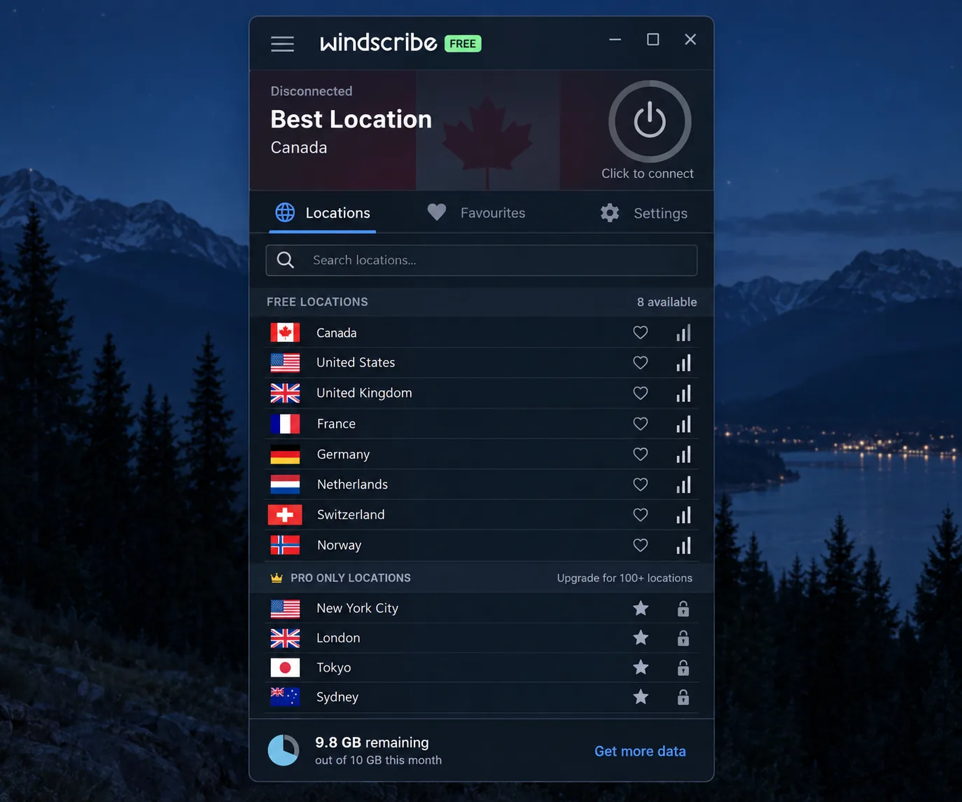 Windscribe's desktop app on the free plan with the location list open, free countries available, Pro-only cities marked with a star and the remaining monthly data shown at the bottom.