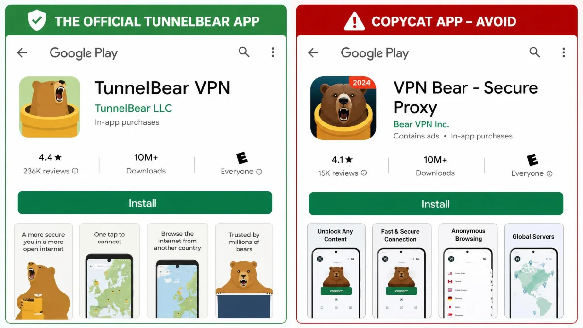 The official TunnelBear Android app listing showing the developer name TunnelBear LLC and over 10 million downloads, next to a flagged copycat app to avoid.