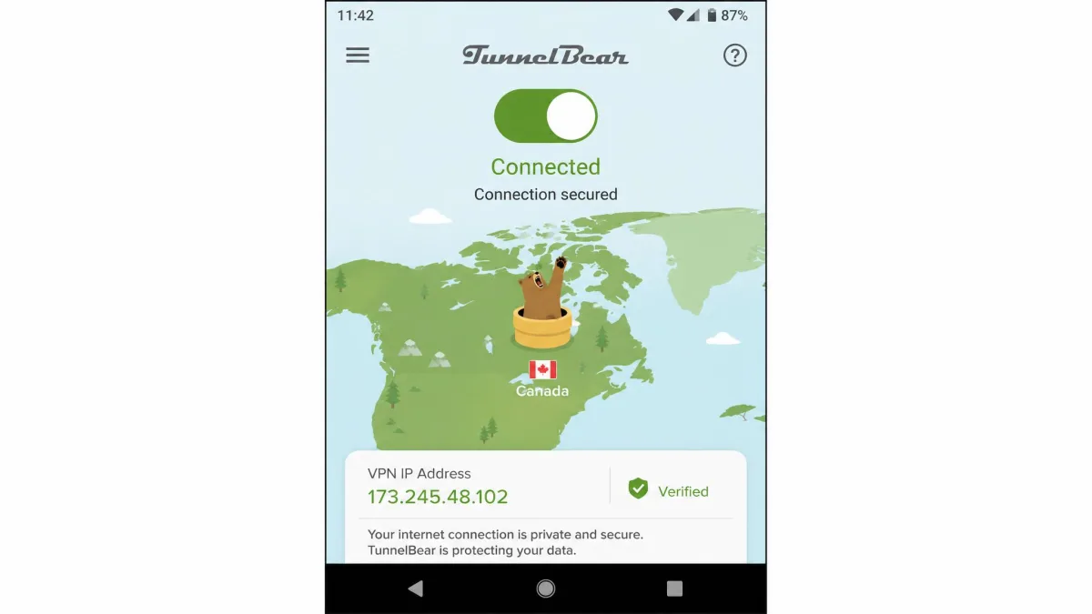 TunnelBear Android app showing an active secure connection to a chosen country, with the connect toggle switched on and the assigned VPN IP address displayed.