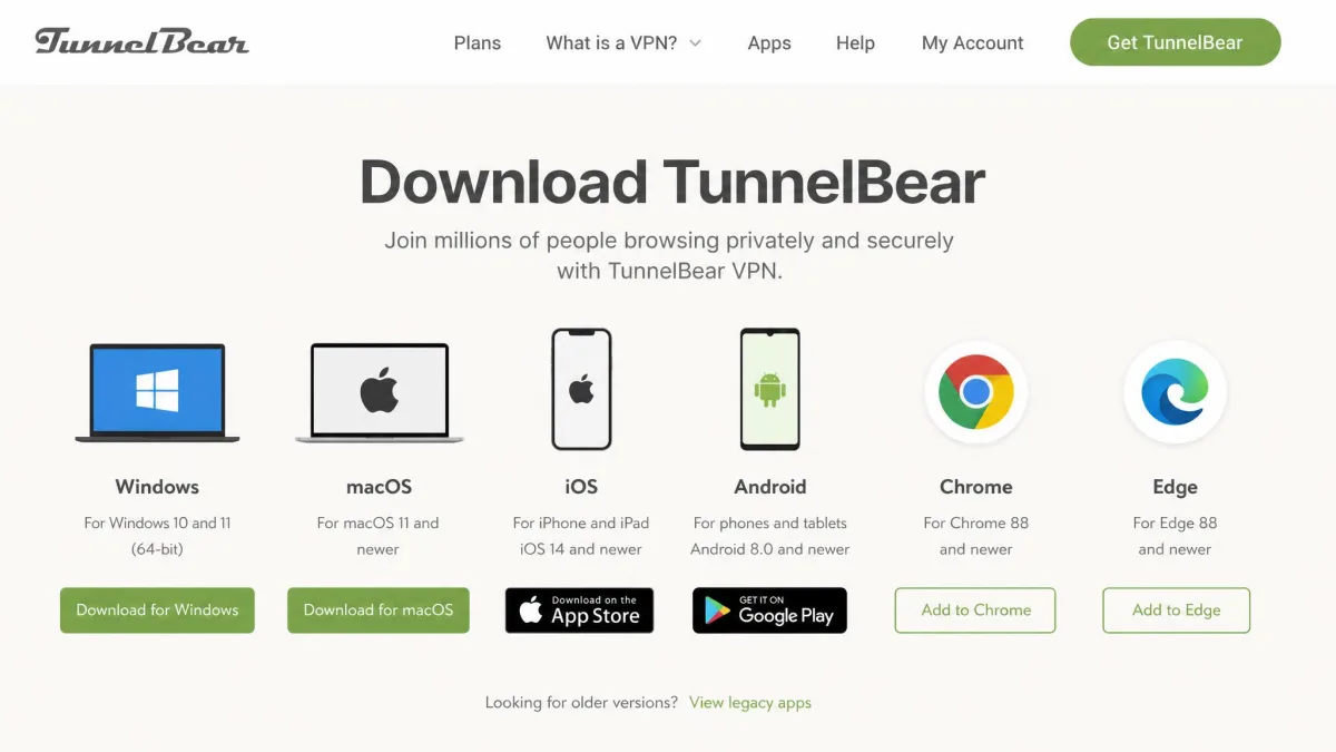 TunnelBear download page showing app icons for Windows, macOS, iOS, Android, and the Chrome and Edge browser extensions with official download buttons.