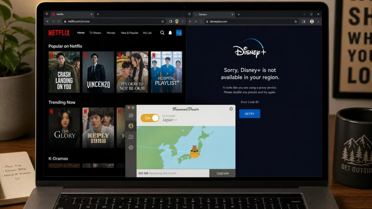 A laptop screen showing Netflix playing over a TunnelBear connection on one server, next to a second screen displaying a Netflix proxy error on a different TunnelBear server, illustrating inconsistent results.