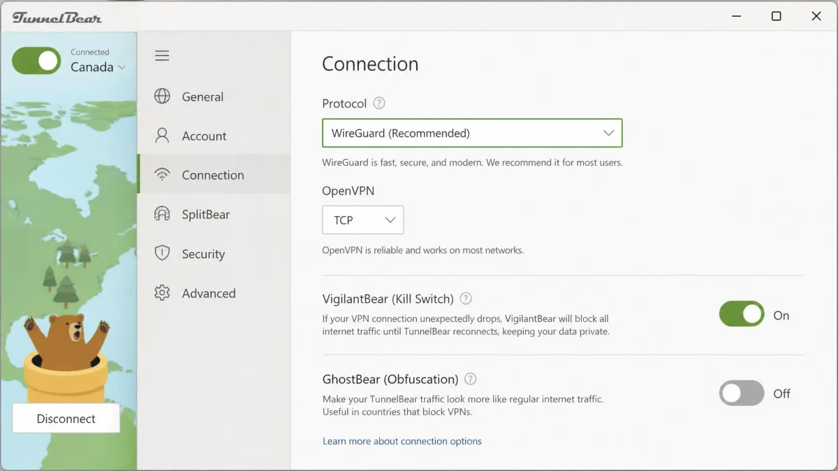 TunnelBear settings panel on Windows showing the protocol options including WireGuard and OpenVPN, with the VigilantBear kill switch toggle and GhostBear obfuscation option visible.