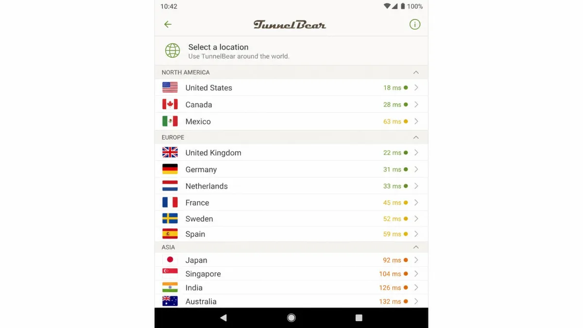 TunnelBear country selection list on Android showing available connection locations across North America, Europe, and Asia with connection latency indicators next to each country.
