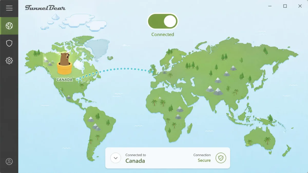 TunnelBear's main Windows window showing the cartoon world map with tunnelling bears and a single connect toggle, one country selected and the connection status shown as secure.