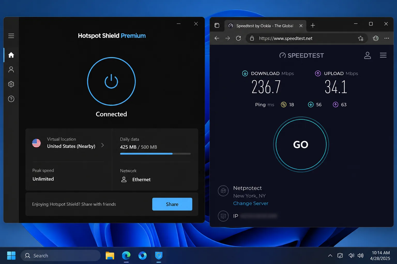 Hotspot Shield Premium connected to a nearby server on Windows beside a speed test close to the unprotected baseline.