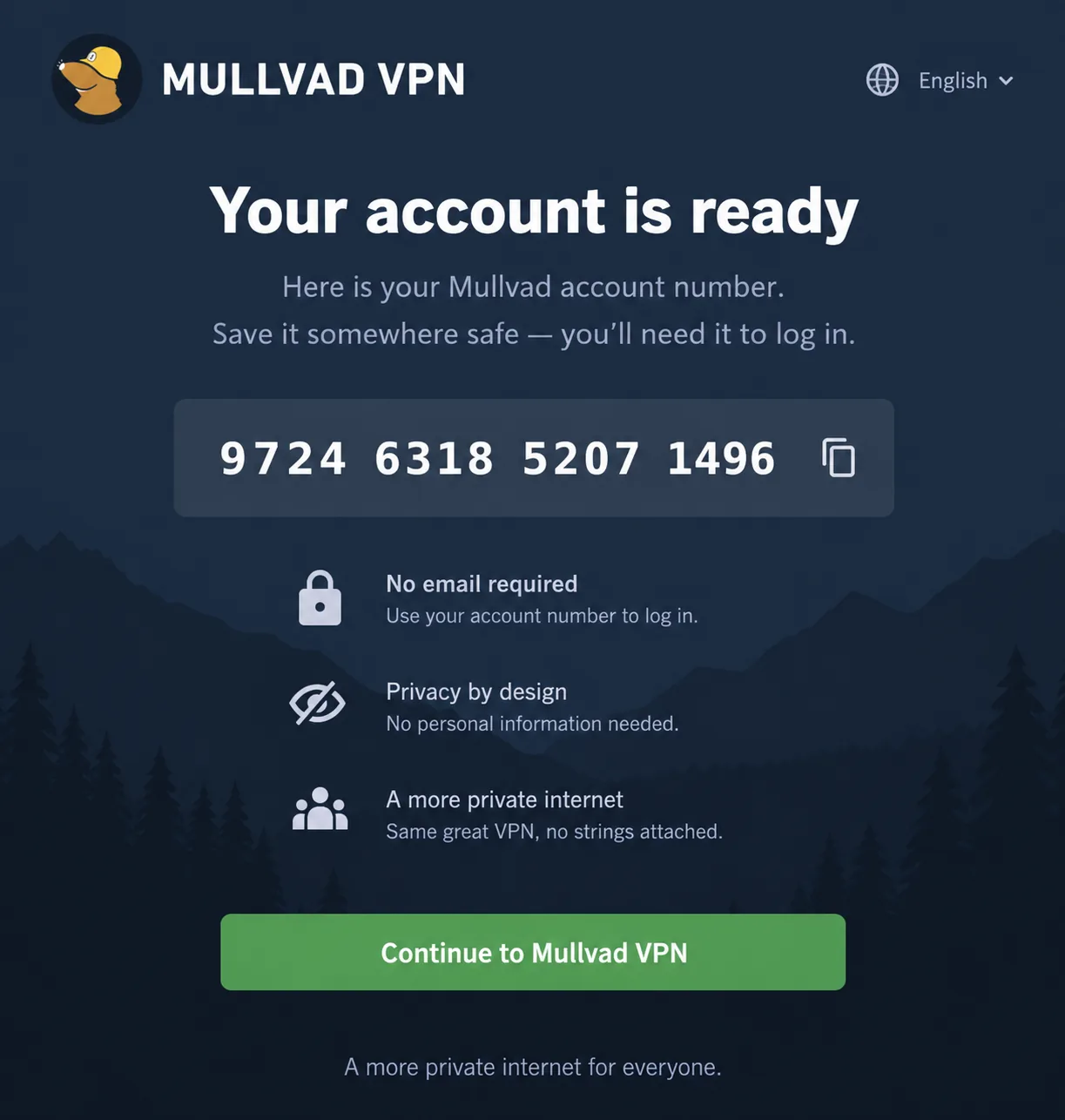 Mullvad VPN's sign-up screen displaying a freshly generated 16-digit account number with no email field.