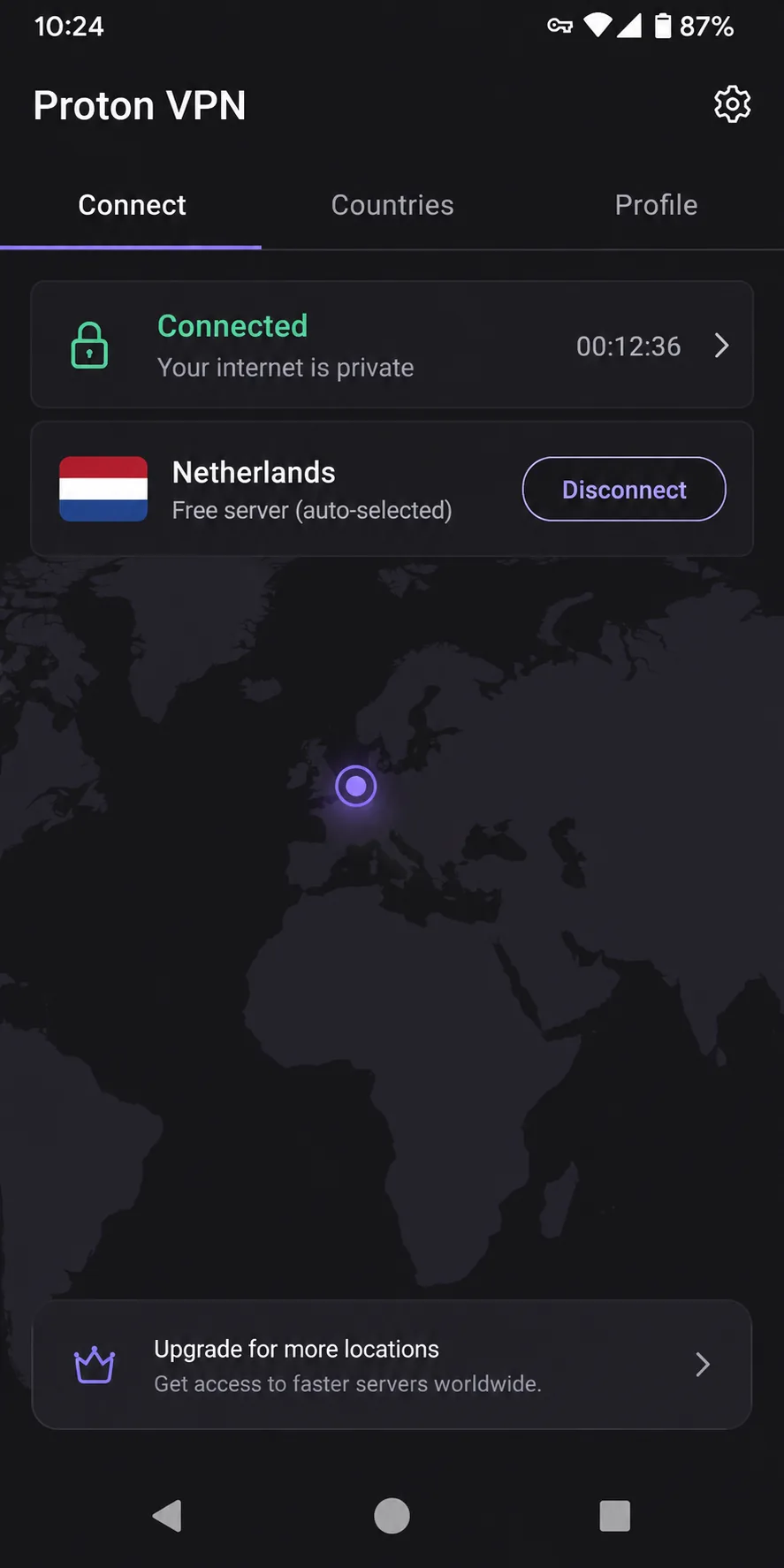 Proton VPN's Android app connected on the free plan, showing the auto-selected country and no data-usage counter.