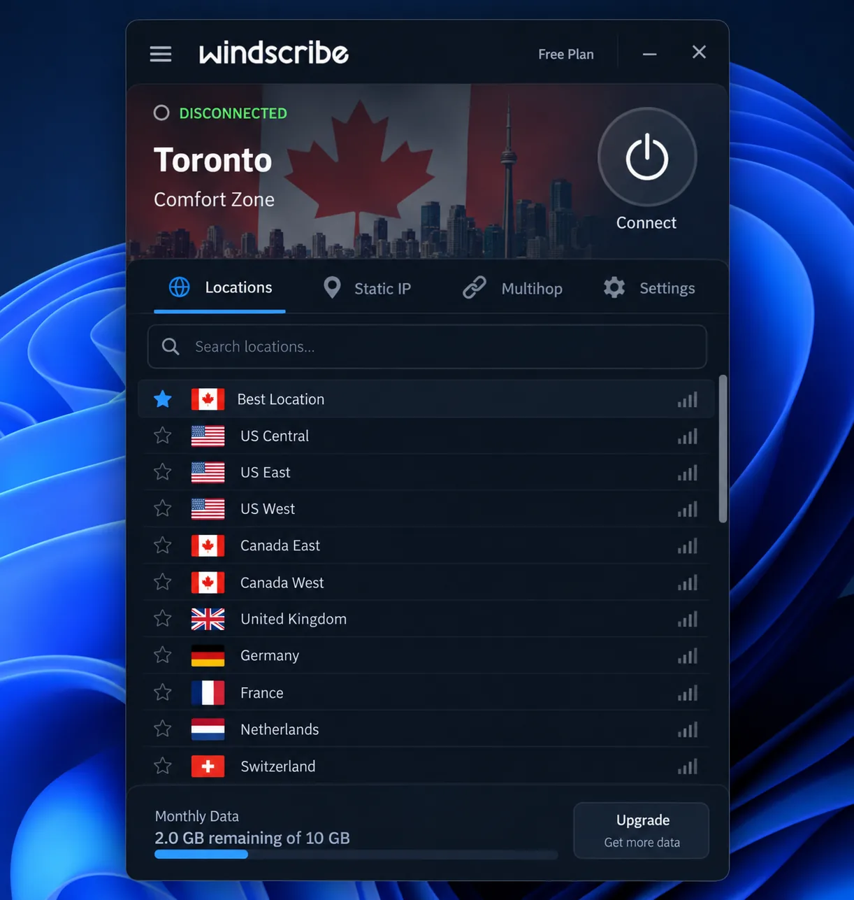 Windscribe's desktop app on the free plan with the location list open and remaining monthly data shown at the bottom.