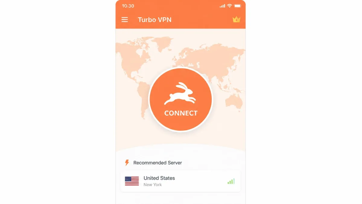 Turbo VPN's mobile app showing the large central connect button with a world map background and a single recommended server location listed underneath.