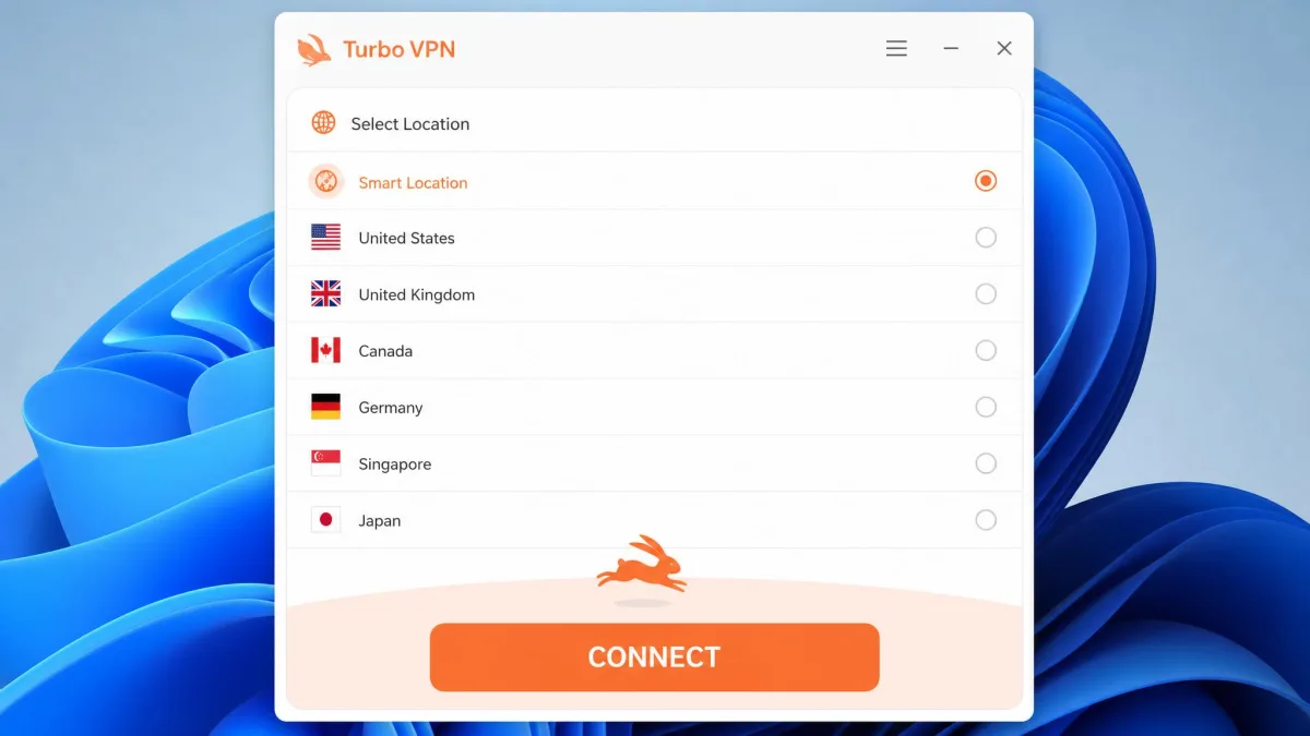 Turbo VPN's Windows desktop app showing a simple location list and connect button that resembles a scaled-up mobile layout.