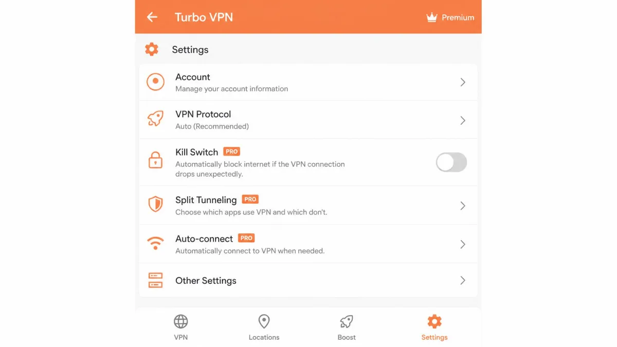 Turbo VPN settings screen with the kill switch toggle shown in the off position by default on the paid app.