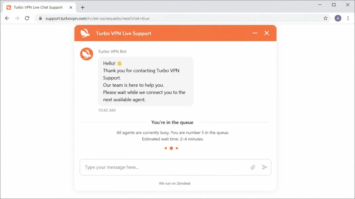 Turbo VPN's live chat support window open in a browser, showing an automated greeting and a queue message while waiting for an agent.