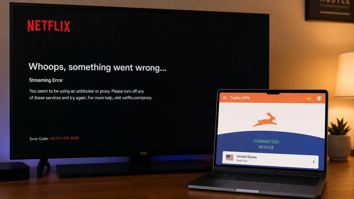 A television screen showing a Netflix proxy error message while Turbo VPN is connected to a US server in the background on a laptop.