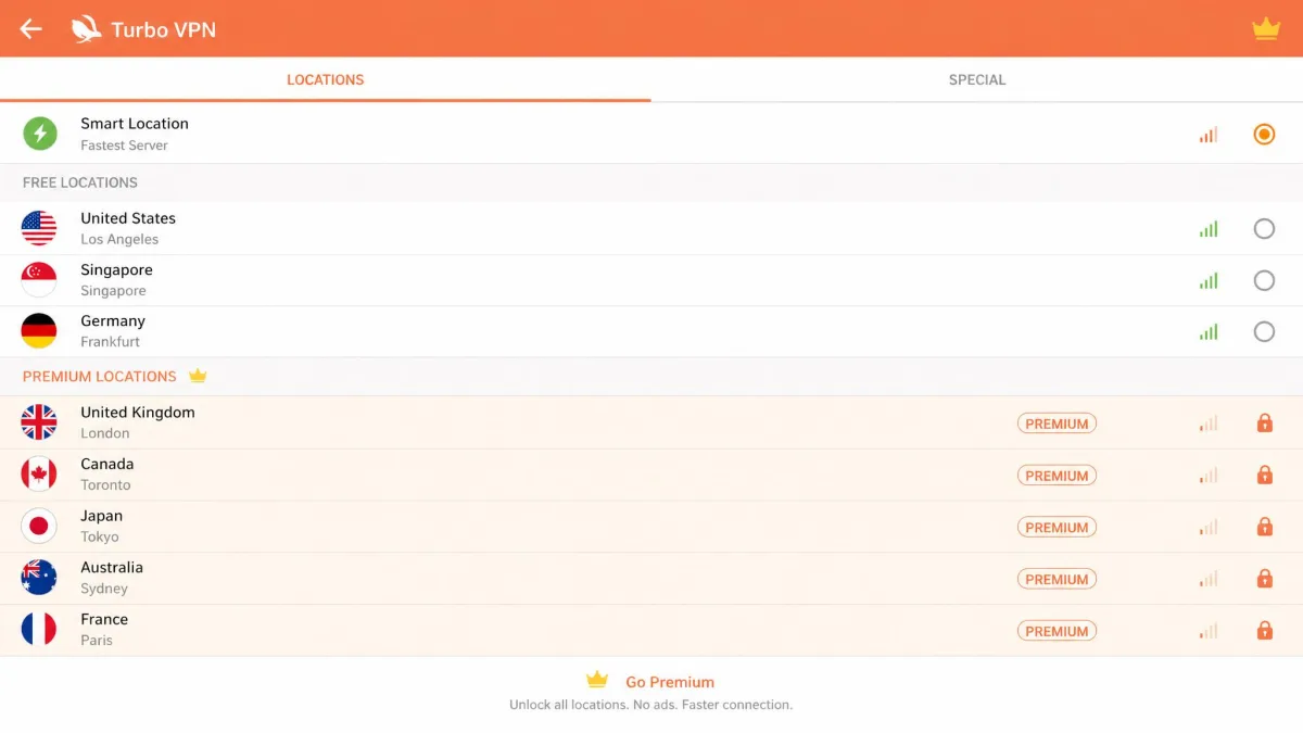 Turbo VPN's server selection screen listing available countries and cities, with several regions marked as premium-only.