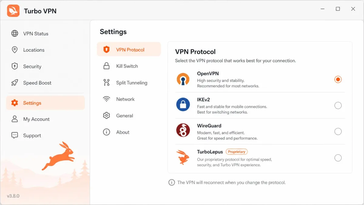 Turbo VPN desktop settings screen showing the protocol selection menu with OpenVPN, IKEv2, WireGuard, and the proprietary TurboLepus option listed.