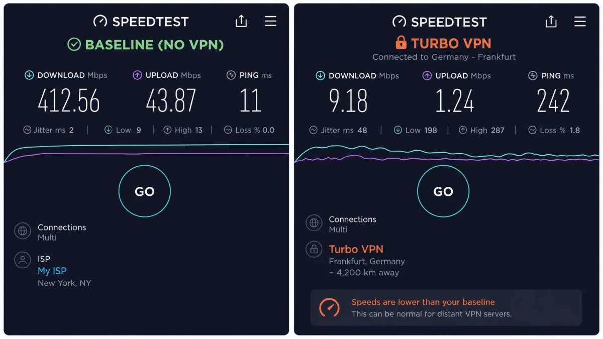 Side-by-side speed test screenshots showing a fast baseline connection next to a much slower Turbo VPN result on a distant international server.