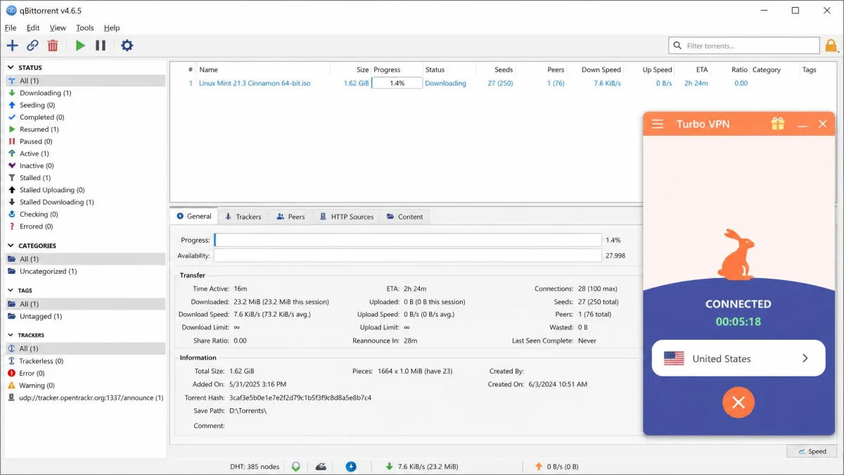 A torrent client window showing a 1.62GB download crawling at a very low speed with an estimated time of over two hours while Turbo VPN is connected.