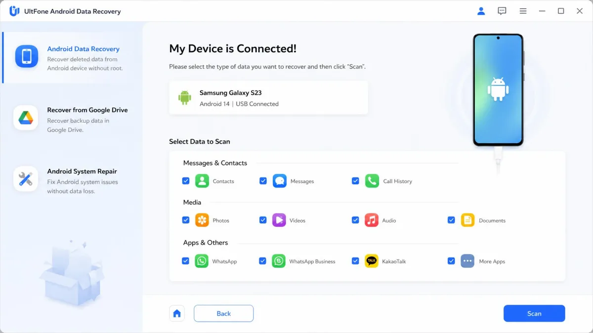 UltFone's main window showing a connected Android phone with data-type checkboxes ready for the scan.