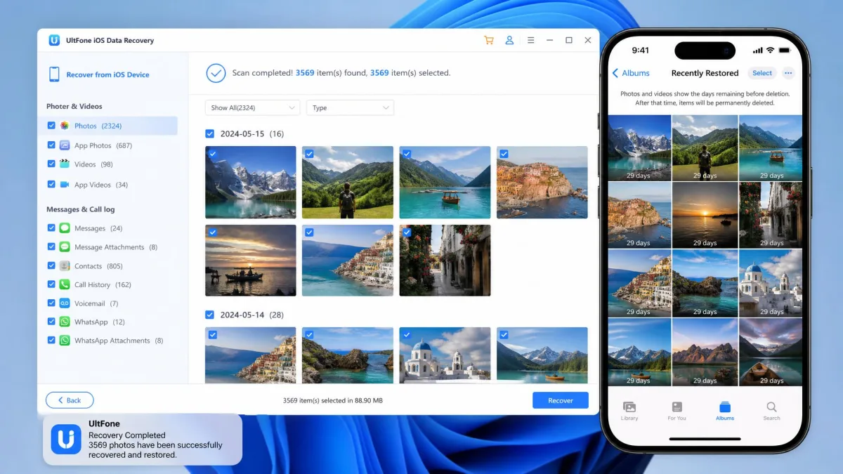 A phone gallery showing recovered photos restored by UltFone, with the desktop software visible behind it.