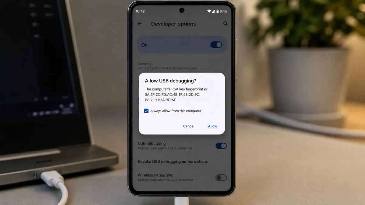 Android phone screen showing the Allow USB debugging authorization prompt while connected to the computer.