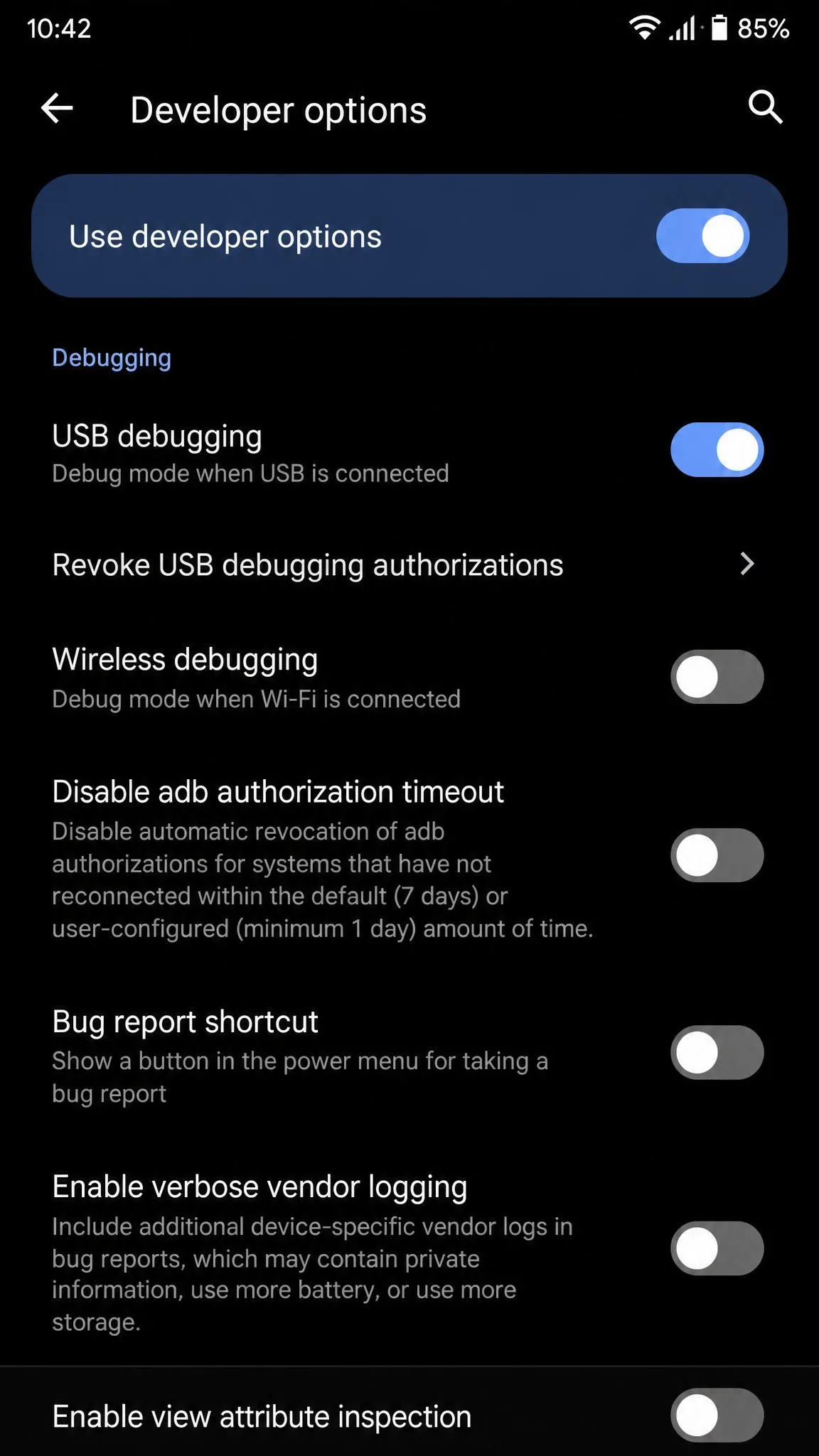 Android Developer options screen with the USB debugging toggle switched on before connecting the phone to UltFone.