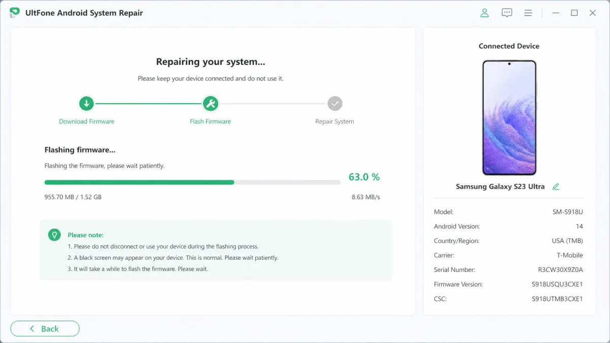 UltFone Android System Repair downloading and flashing firmware to a connected Samsung phone, with the repair progress bar and selected device details on screen.