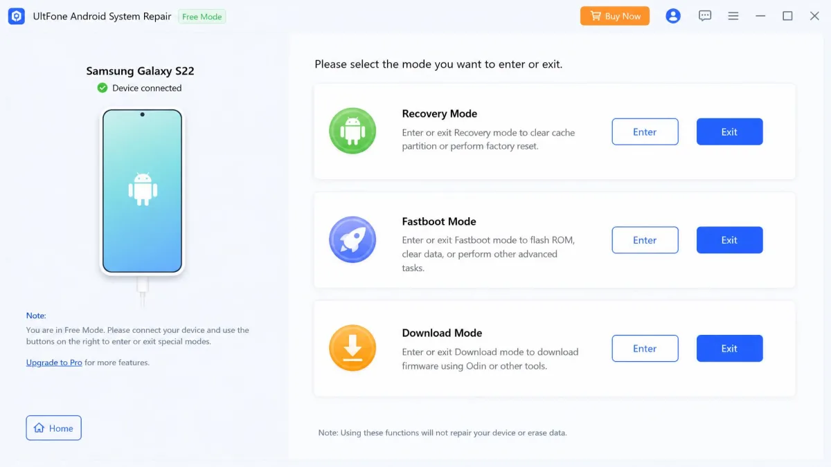 UltFone Android System Repair free mode buttons for entering and exiting recovery mode, fastboot mode, and download mode on a connected phone.