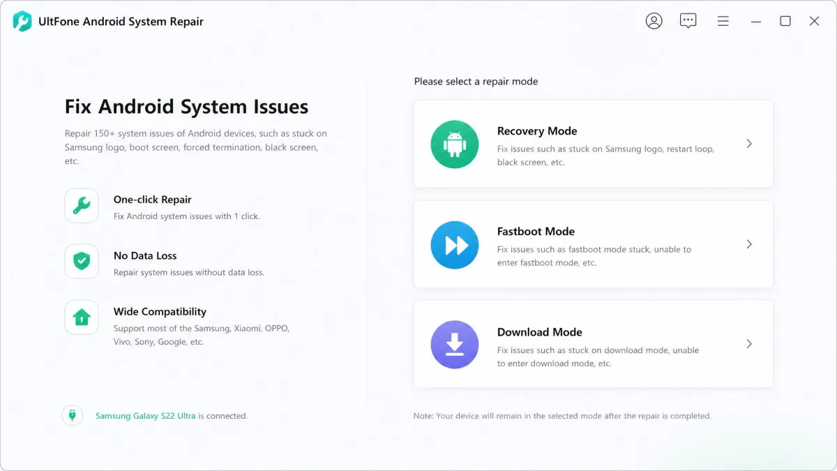 UltFone Android System Repair main window listing the repair options for recovery mode, fastboot mode, and download mode on a connected Android phone.