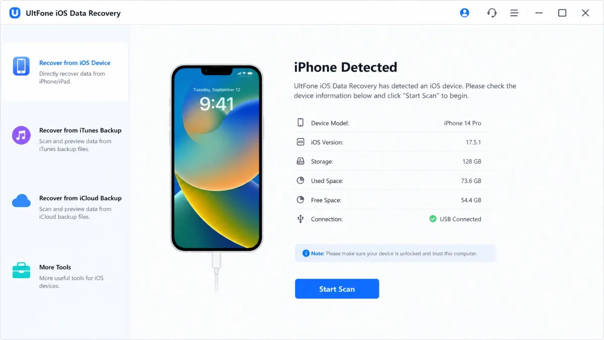 UltFone iOS Data Recovery detecting a connected iPhone over USB, with the device model and storage details shown before the scan starts.