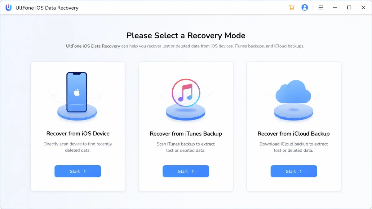 The UltFone iOS Data Recovery main window on Windows showing the three recovery modes: Recover from iOS Device, Recover from iTunes Backup, and Recover from iCloud Backup.