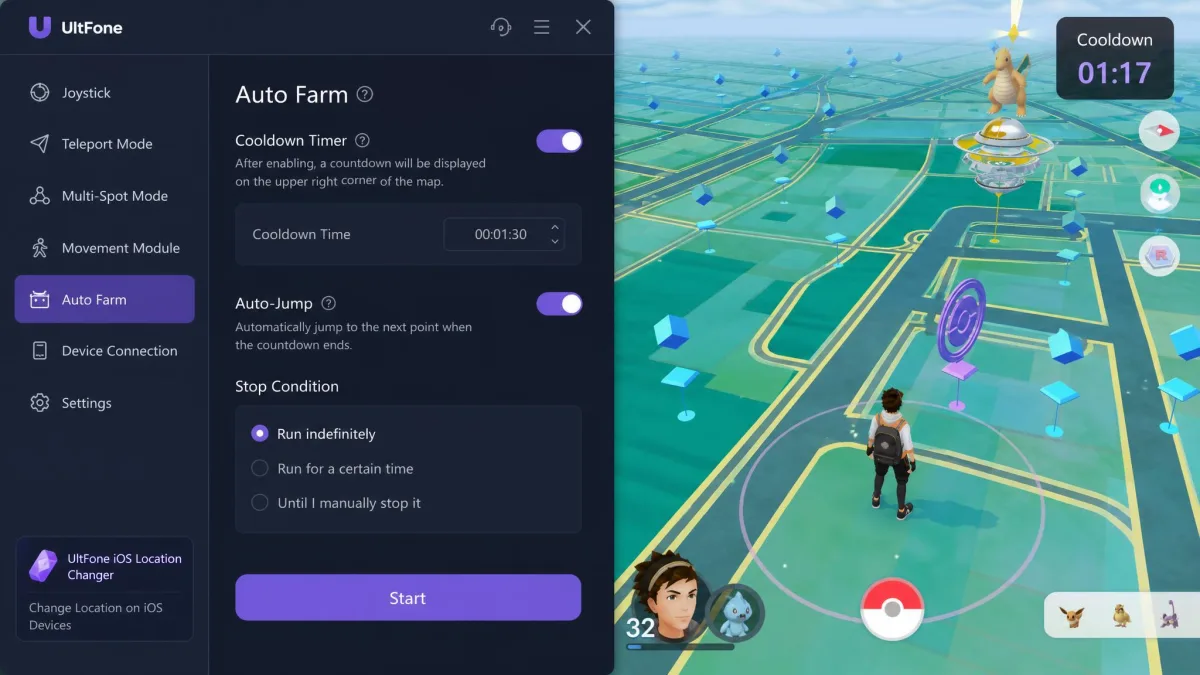 The UltFone settings panel with the cooldown timer toggle switched on, the auto-jump option below it, and a countdown running in the corner of the map.