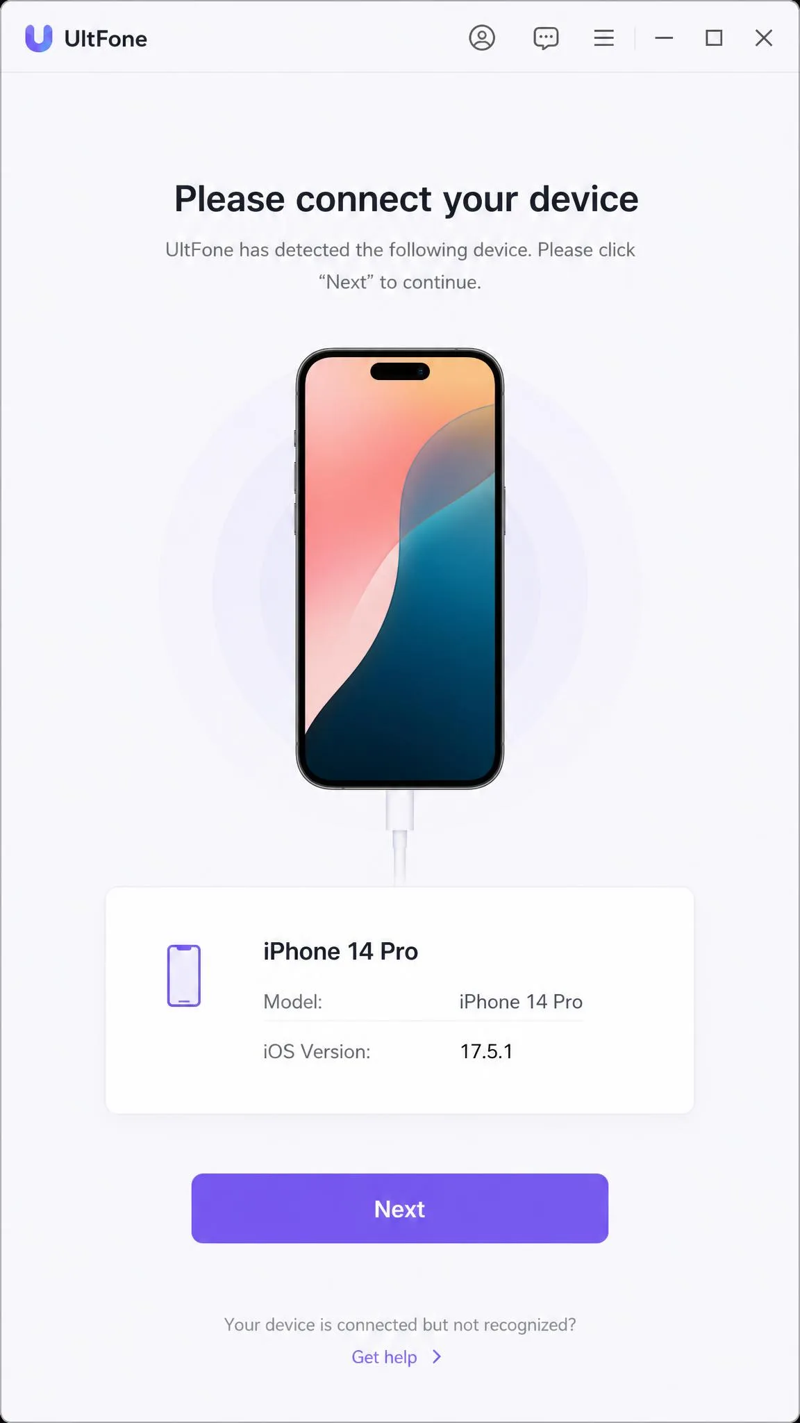 UltFone's device connection screen listing a detected iPhone with its model name and iOS version, and a Next button waiting for the user to continue.