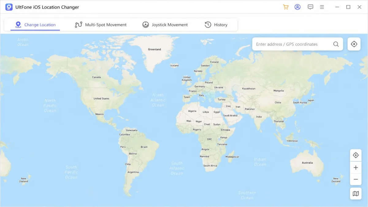 The UltFone iOS Location Changer desktop window showing the world map, the mode selector along the top bar, and a coordinate search field in the upper right.