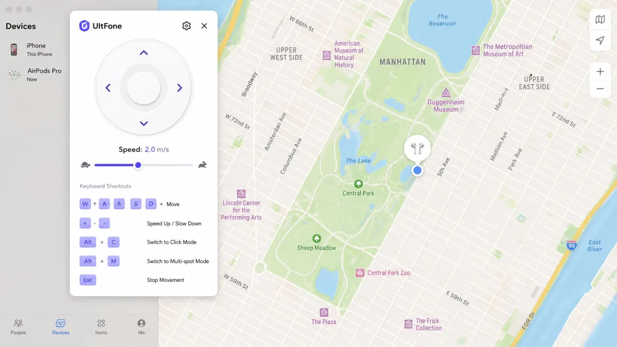 UltFone's joystick control pad overlaid on the map, showing the circular direction ring, the speed setting, and the keyboard shortcut hints beneath it.
