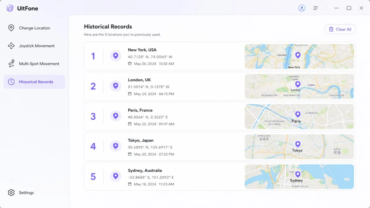 UltFone's historical records list showing five previously used locations with their city names, coordinates and dates, and a small map preview beside each entry.