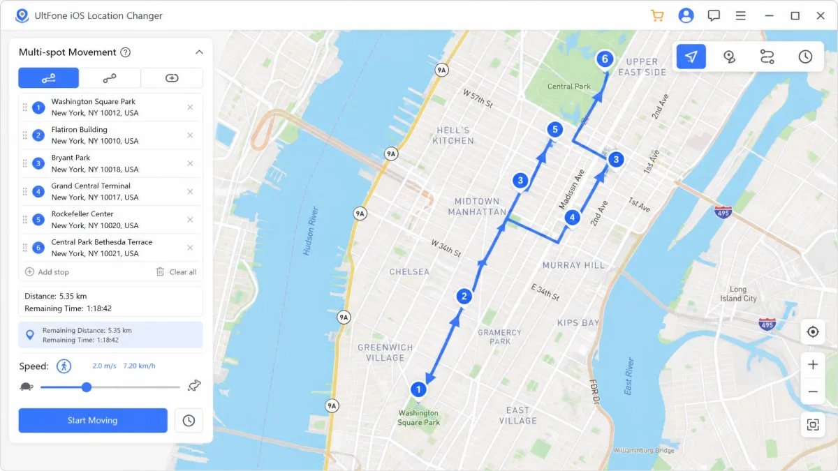 A multi-spot route drawn across a city map in UltFone with six numbered waypoints, the speed slider set to walking pace, and the remaining distance shown in the side panel.