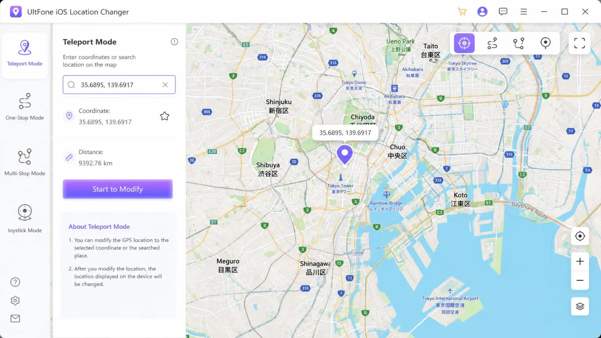 UltFone's teleport mode with a set of coordinates typed into the search bar, a pin dropped on the map in Tokyo, and the Start to Modify button highlighted.