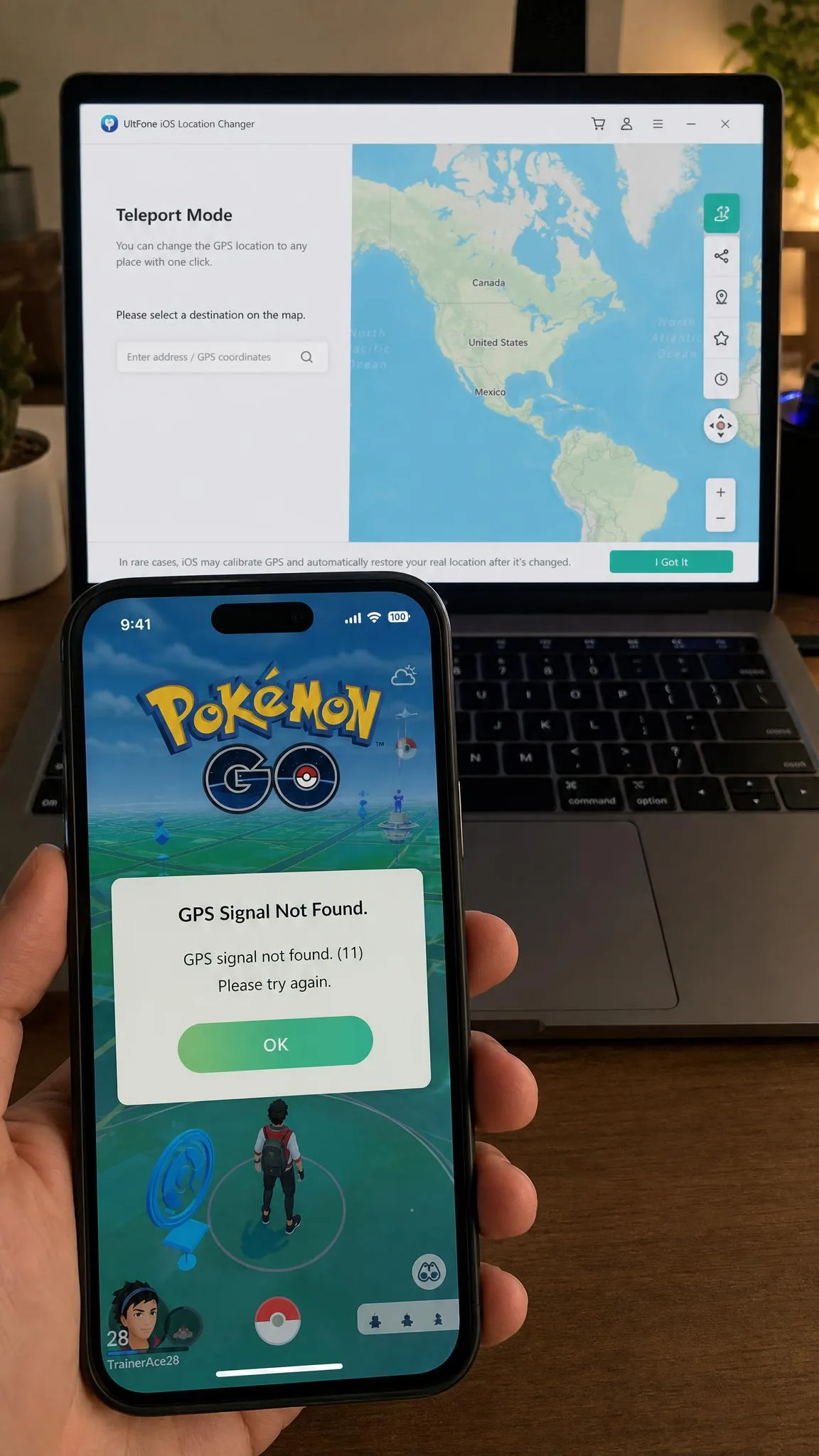 A Pokemon GO screen on iPhone showing the GPS Location Not Found error message while UltFone runs on the computer in the background.