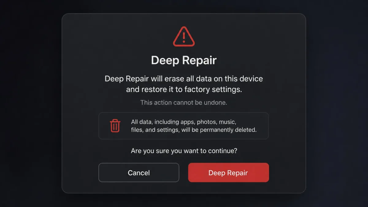 The Deep Repair confirmation dialog warning that the device will be erased and reset.