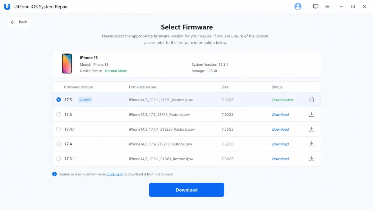 The firmware selection screen in UltFone iOS System Repair listing available iOS versions.