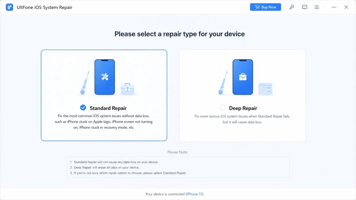 The UltFone iOS System Repair main window showing the Standard Repair and Deep Repair options.