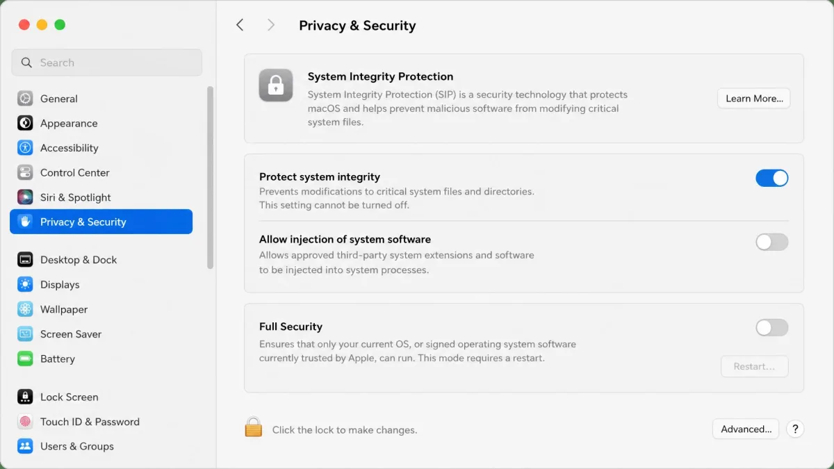 macOS System Settings Privacy and Security pane showing the protection controls that govern System Integrity Protection.